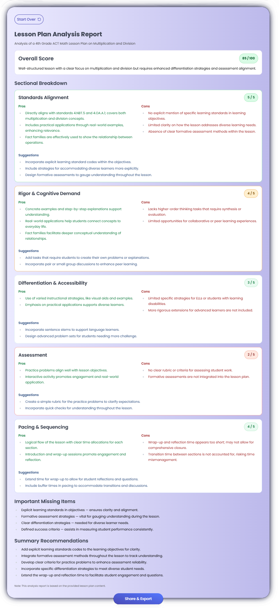 Example output of the Lesson Plan Checker